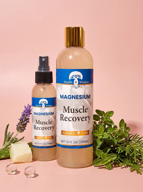 Magnesium spray in 4 oz and 12 oz bottles with lavender, cypress and marjoram